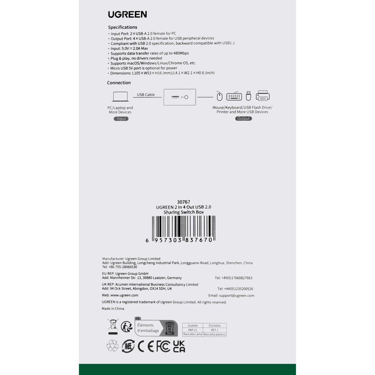 USB-switch UGREEN US216 (30767) Two Sharing Box, 4 x USB-A, Sort