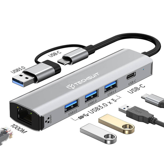USB / USB-C Hub Techsuit H3 BoostNetLink, 5in1, Grå