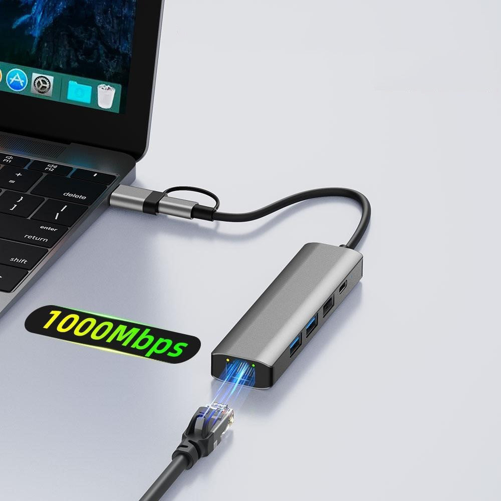 USB / USB-C Techsuit H3 BoostNetLink Hub, 5in1, Gray