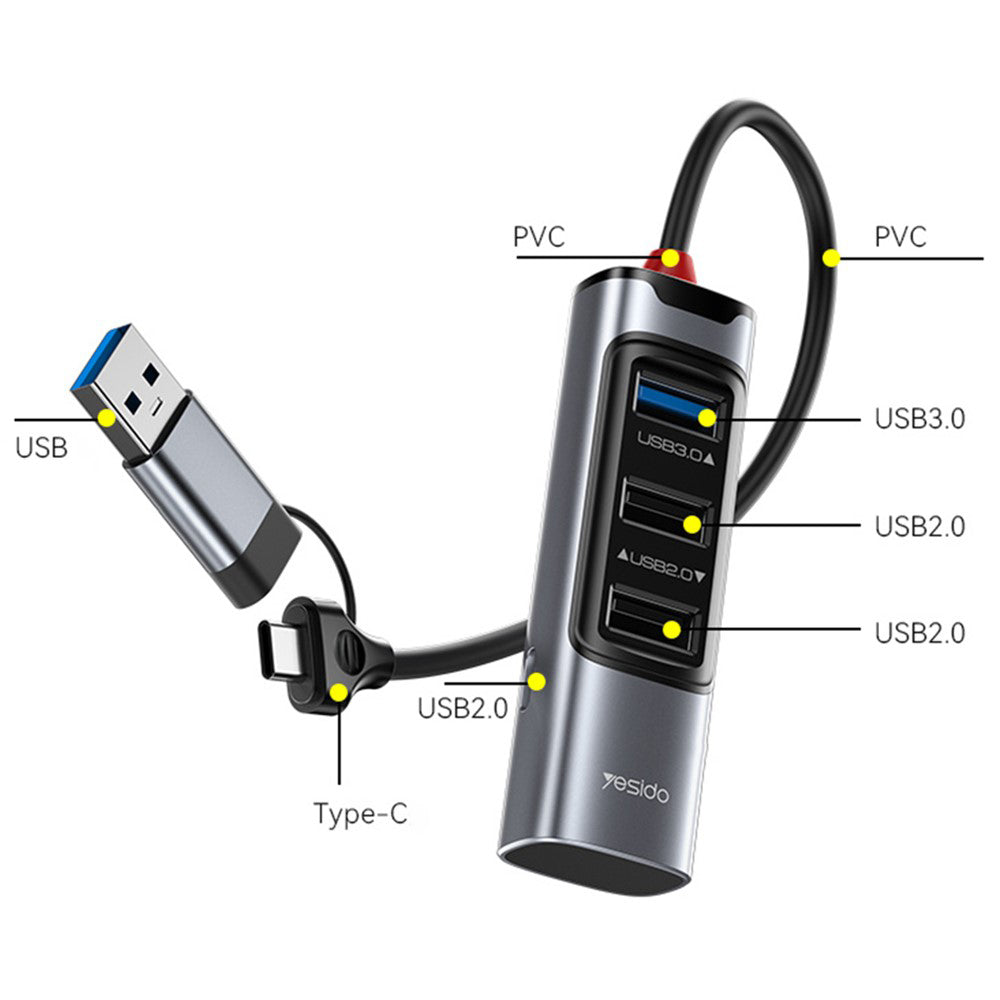 USB / USB-C hub Yesido HB19, 4i1, Grå