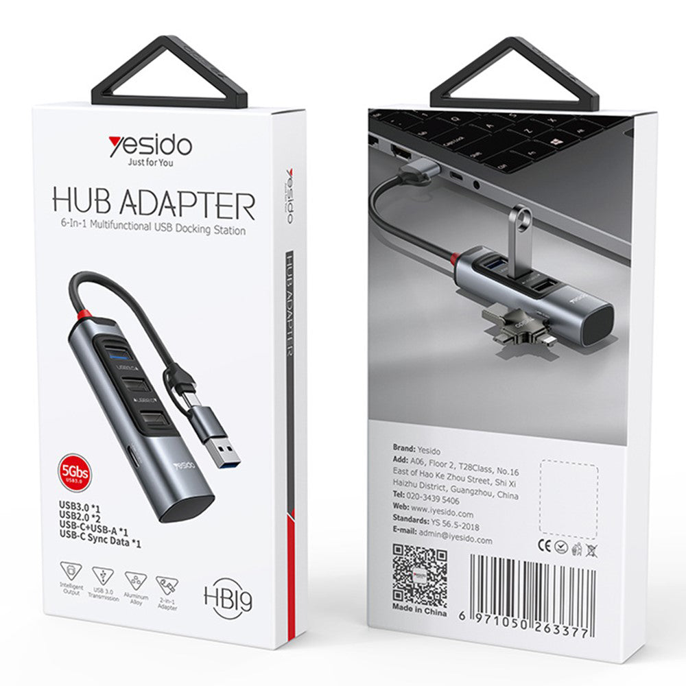 USB / USB-C hub Yesido HB19, 4i1, Grå