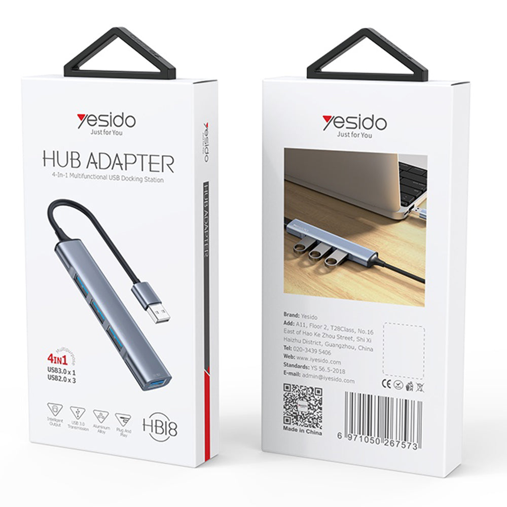 USB-hub Yesido HB18, 4-i-1, Grå