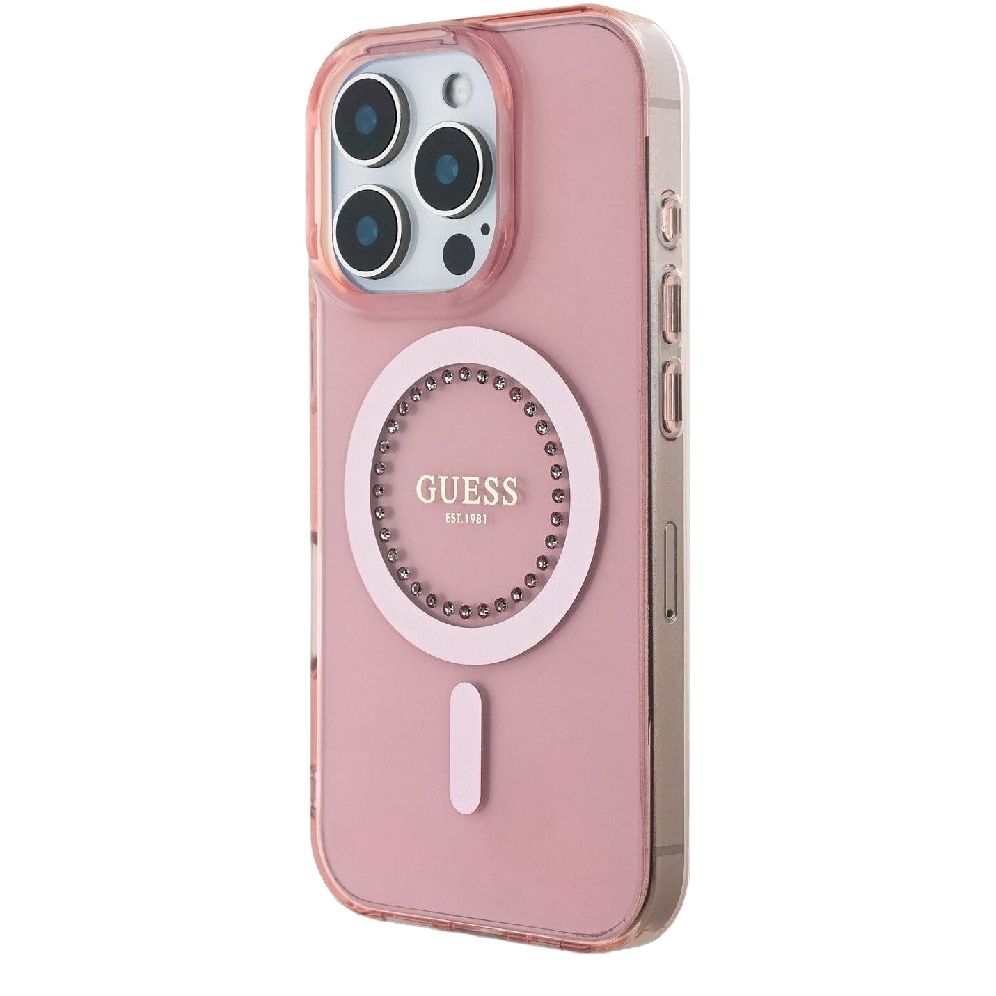 MagSafe cover til Apple iPhone 16 Pro Max, Guess, IML Rhinestones Ring, Pink GUHMP16XPFTDTEP