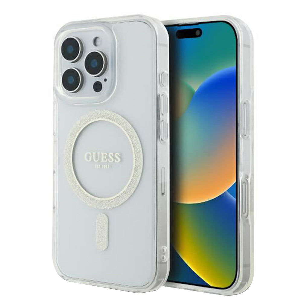 MagSafe cover til Apple iPhone 16 Pro, Guess, IML Glitter Ring, Transparent GUHMP16LHFGERET
