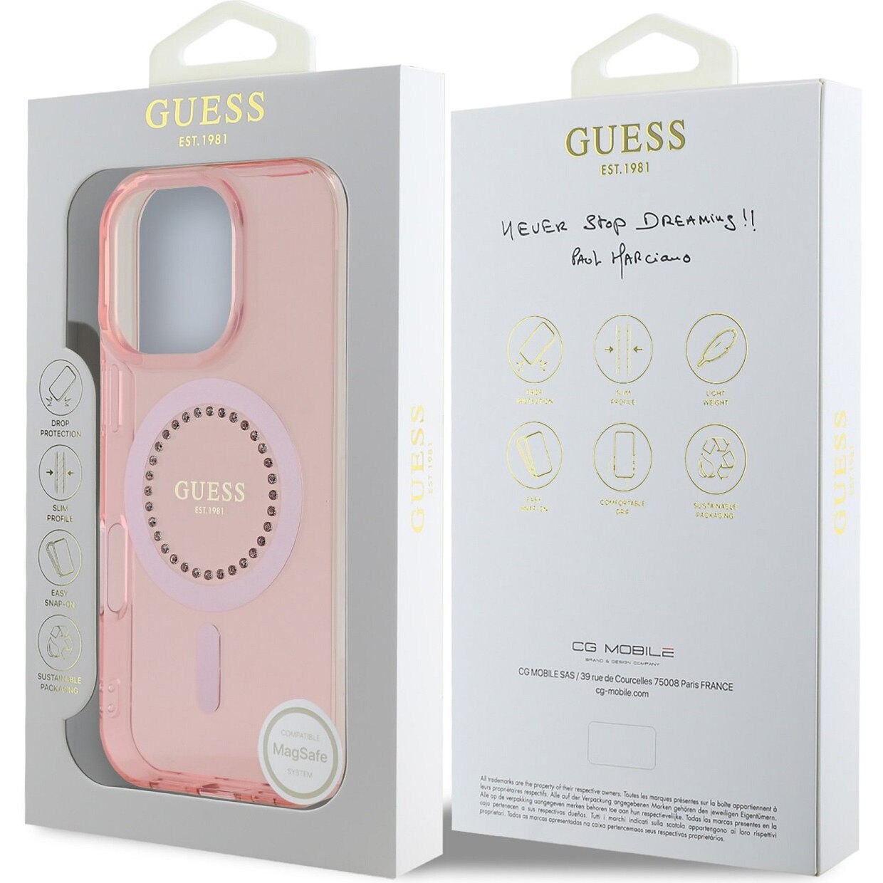 MagSafe cover til Apple iPhone 16 Pro Max, Guess, IML Rhinestones Ring, Pink GUHMP16XPFTDTEP