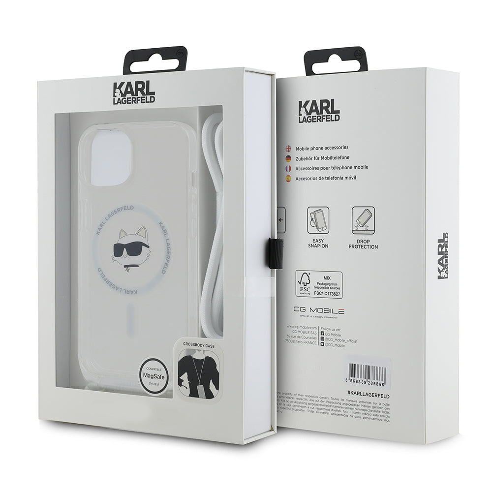 MagSafe cover til Apple iPhone 14, Karl Lagerfeld, IML Crossbody Choupette's Head with Strap, Transparent