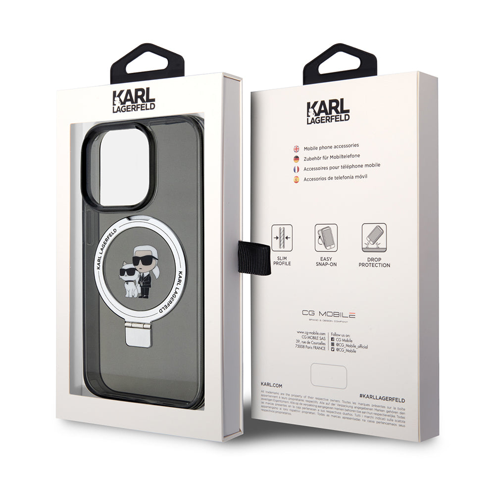 MagSafe Case for Apple iPhone 14 Pro, Karl Lagerfeld, Ring Stand Karl & Choupette, Black