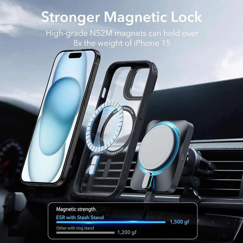 MagSafe-etui til Apple iPhone 15, ESR, Classic Hybrid Kickstand, Sort Transparent