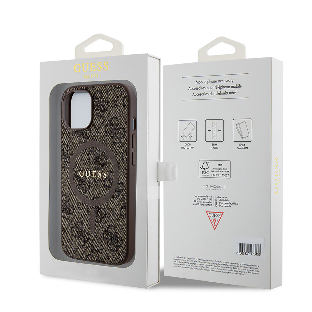 MagSafe Case for Apple iPhone 15, Guess, 4G Collection, Brown