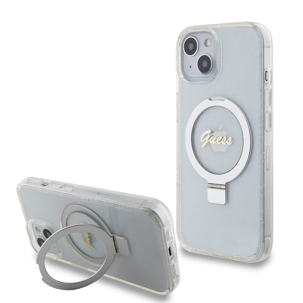 MagSafe cover til Apple iPhone 15, Guess, Ring Stand Script Glitter, Gennemsigtig