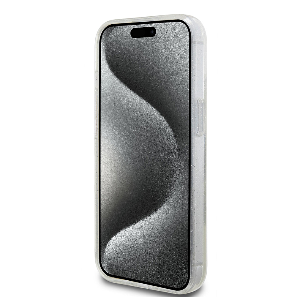 MagSafe cover til Apple iPhone 15, Guess, Ring Stand Script Glitter, Gennemsigtig