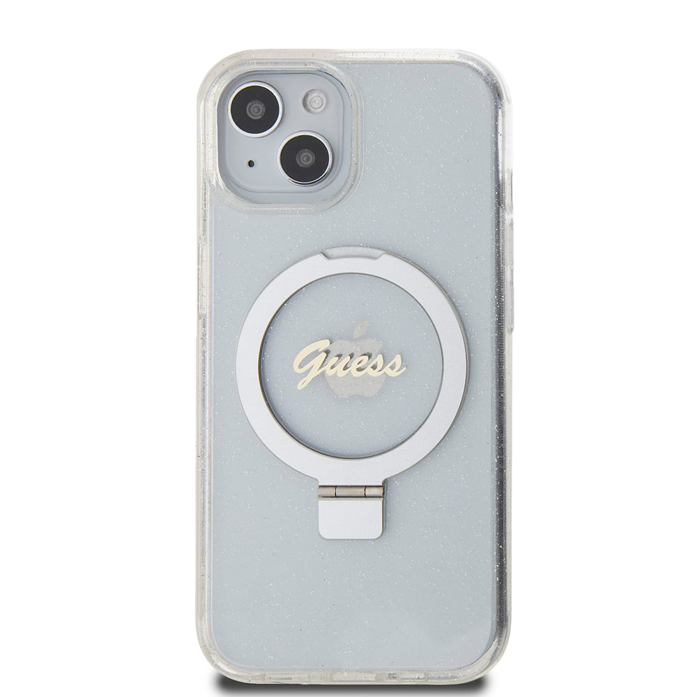 MagSafe cover til Apple iPhone 15, Guess, Ring Stand Script Glitter, Gennemsigtig