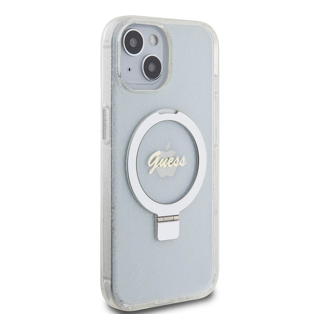 MagSafe cover til Apple iPhone 15, Guess, Ring Stand Script Glitter, Gennemsigtig
