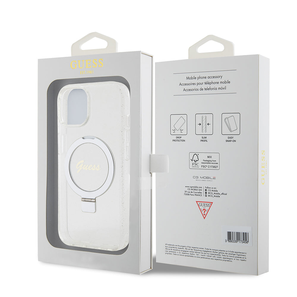 MagSafe cover til Apple iPhone 15, Guess, Ring Stand Script Glitter, Gennemsigtig