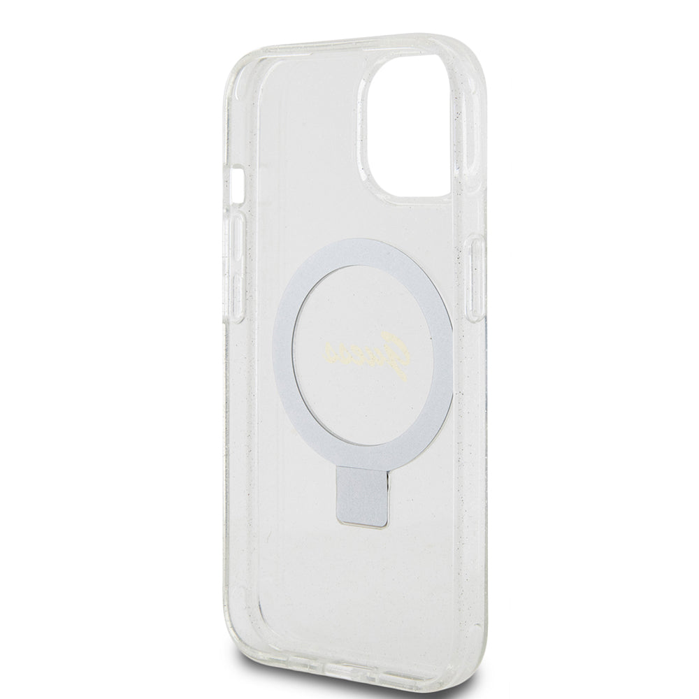 MagSafe cover til Apple iPhone 15, Guess, Ring Stand Script Glitter, Gennemsigtig