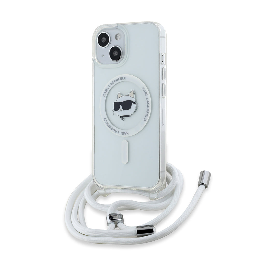 MagSafe cover til Apple iPhone 15, Karl Lagerfeld, IML Crossbody Choupette's Head with Strap, Transparent