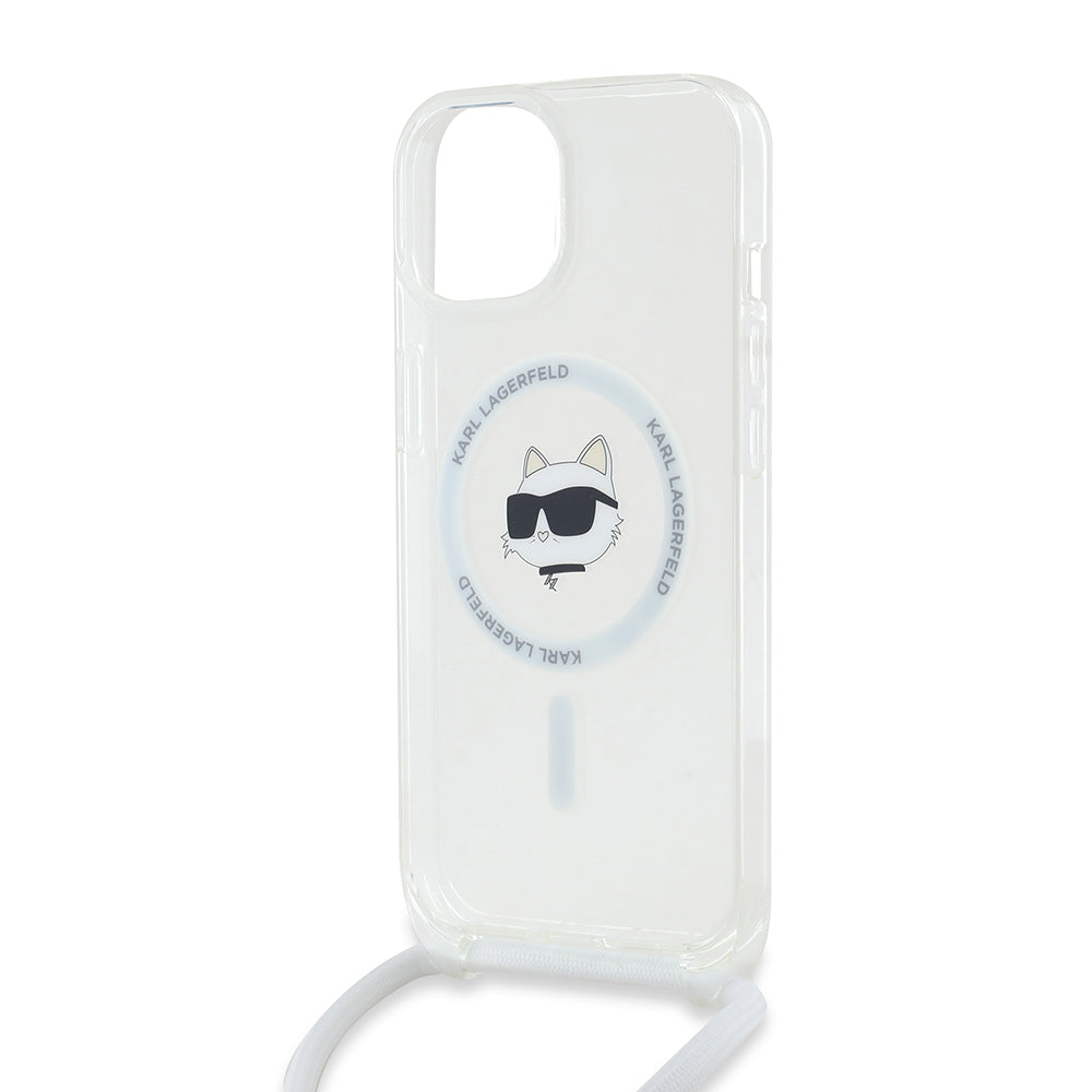 MagSafe cover til Apple iPhone 15, Karl Lagerfeld, IML Crossbody Choupette's Head with Strap, Transparent