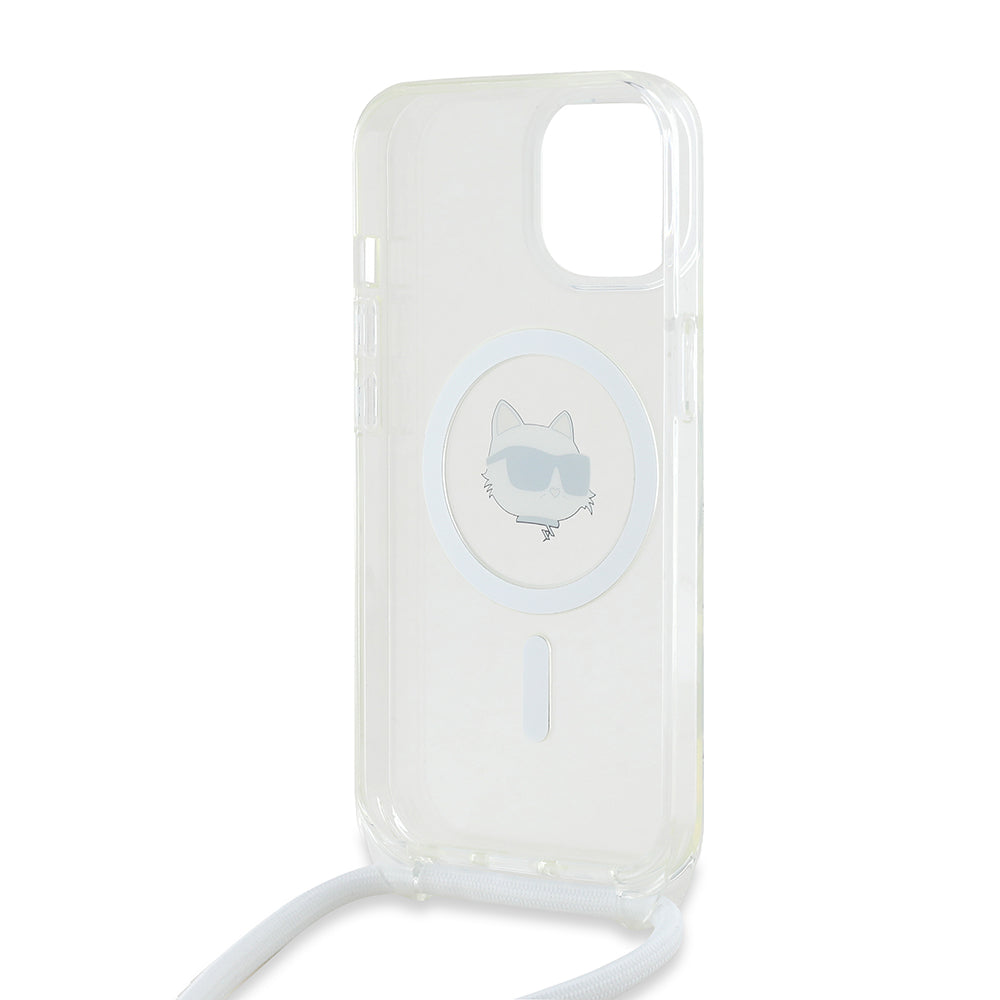 MagSafe cover til Apple iPhone 15, Karl Lagerfeld, IML Crossbody Choupette's Head with Strap, Transparent