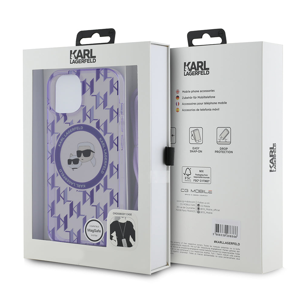 MagSafe Case for Apple iPhone 15, Karl Lagerfeld, IML Crossbody Monogram Karl & Choupette's Heads, Purple