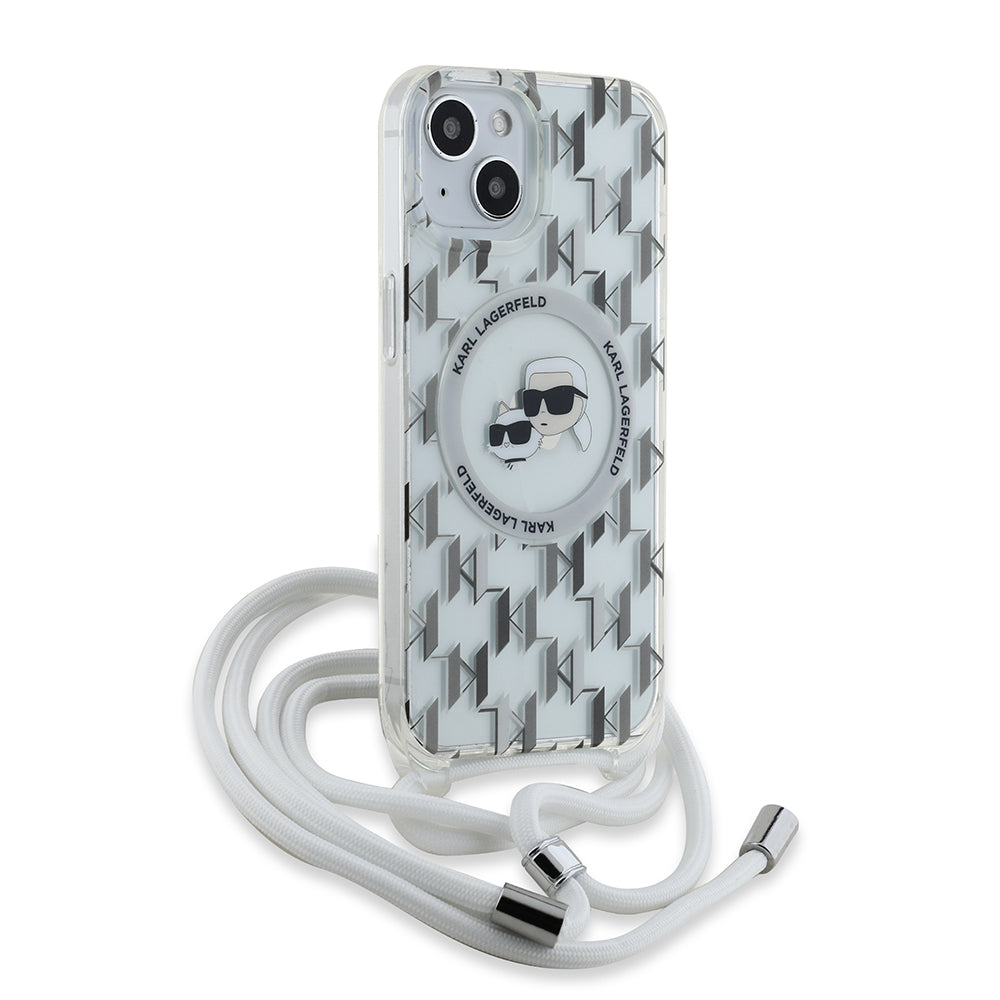 MagSafe cover til Apple iPhone 15, Karl Lagerfeld, IML Crossbody Monogram Karl & Choupette's Heads, Gennemsigtig
