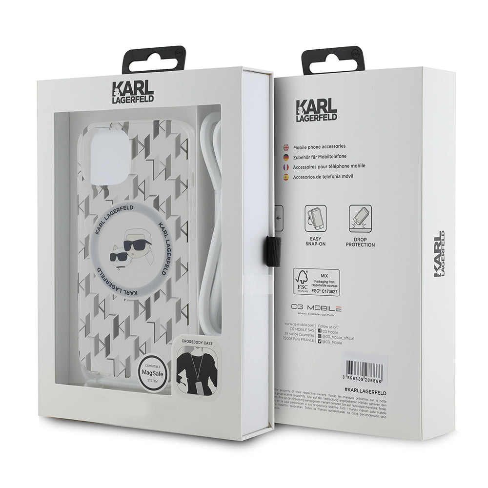 MagSafe cover til Apple iPhone 15, Karl Lagerfeld, IML Crossbody Monogram Karl & Choupette's Heads, Gennemsigtig
