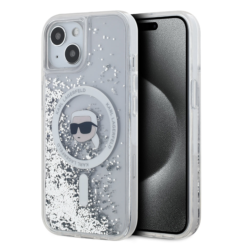 MagSafe cover til Apple iPhone 15, Karl Lagerfeld, Liquid Glitter Karl's Head, Transparent