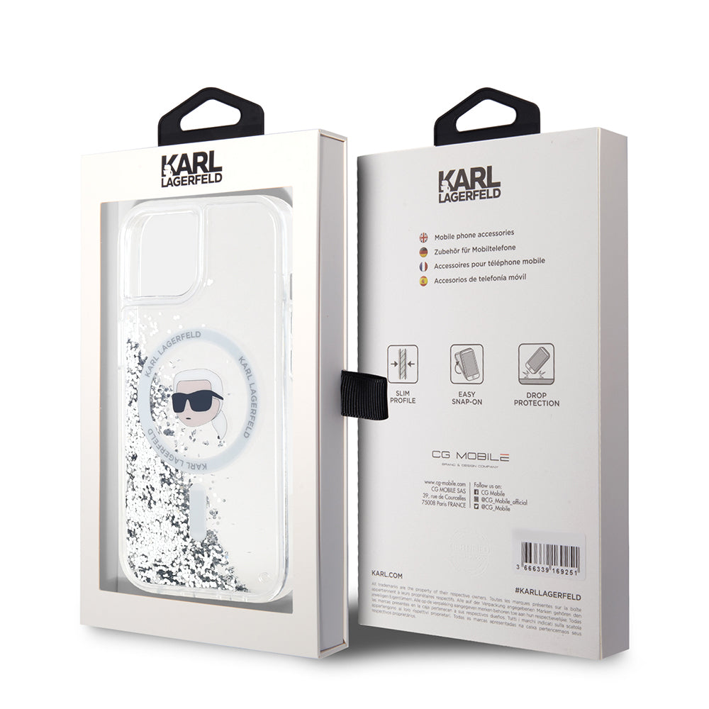 MagSafe cover til Apple iPhone 15, Karl Lagerfeld, Liquid Glitter Karl's Head, Transparent