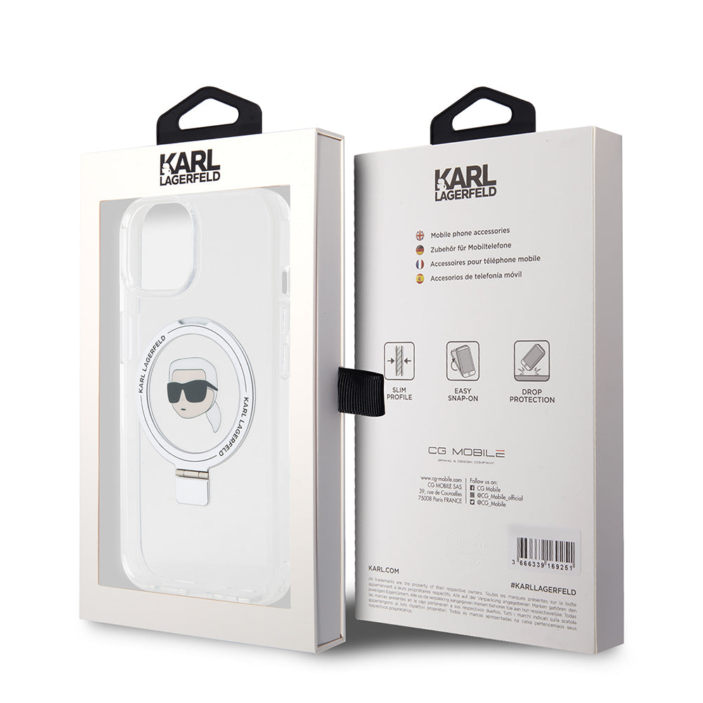 MagSafe cover til Apple iPhone 15, Karl Lagerfeld, Ring Stand Karl's Head, Hvid
