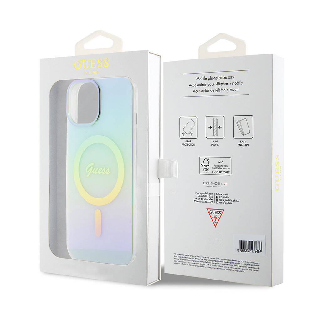 MagSafe cover til Apple iPhone 15 Plus, Guess, IML Iridescent, Turkis