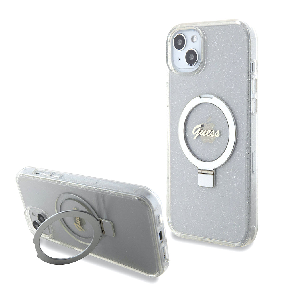 MagSafe cover til Apple iPhone 15 Plus, Guess, Ring Stand Script Glitter, Gennemsigtig