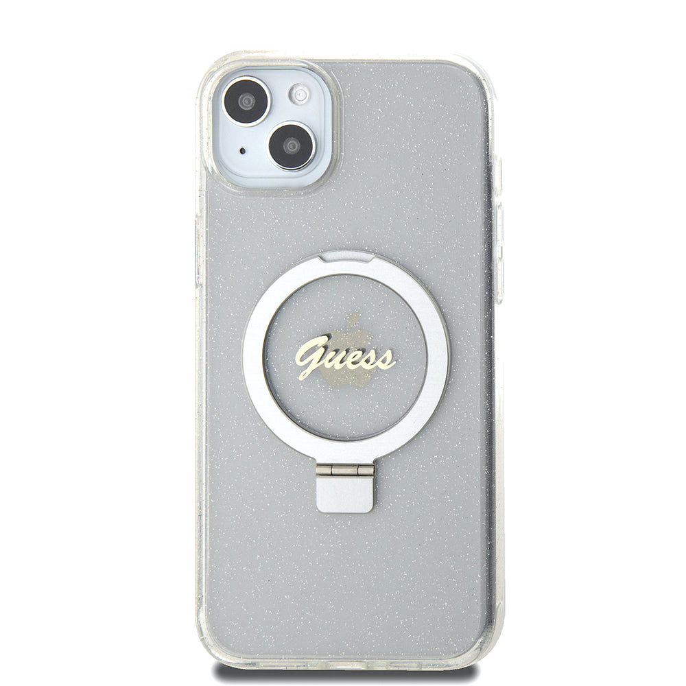 MagSafe cover til Apple iPhone 15 Plus, Guess, Ring Stand Script Glitter, Gennemsigtig