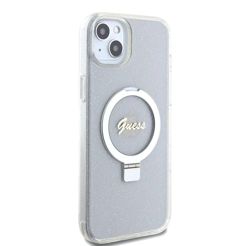 MagSafe cover til Apple iPhone 15 Plus, Guess, Ring Stand Script Glitter, Gennemsigtig