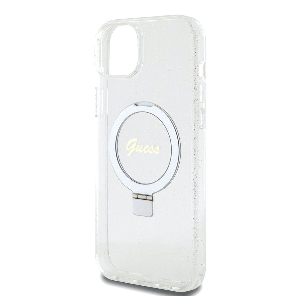 MagSafe cover til Apple iPhone 15 Plus, Guess, Ring Stand Script Glitter, Gennemsigtig