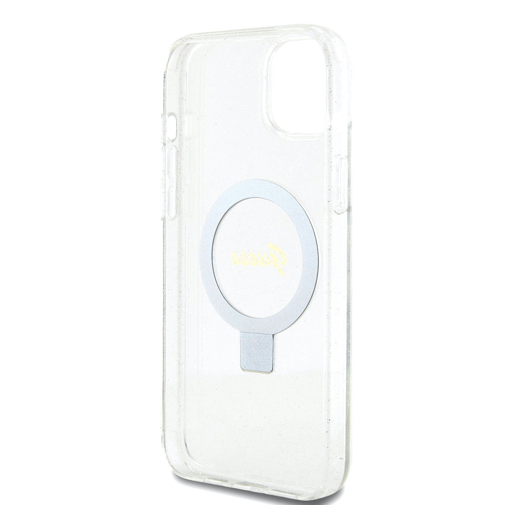 MagSafe cover til Apple iPhone 15 Plus, Guess, Ring Stand Script Glitter, Gennemsigtig