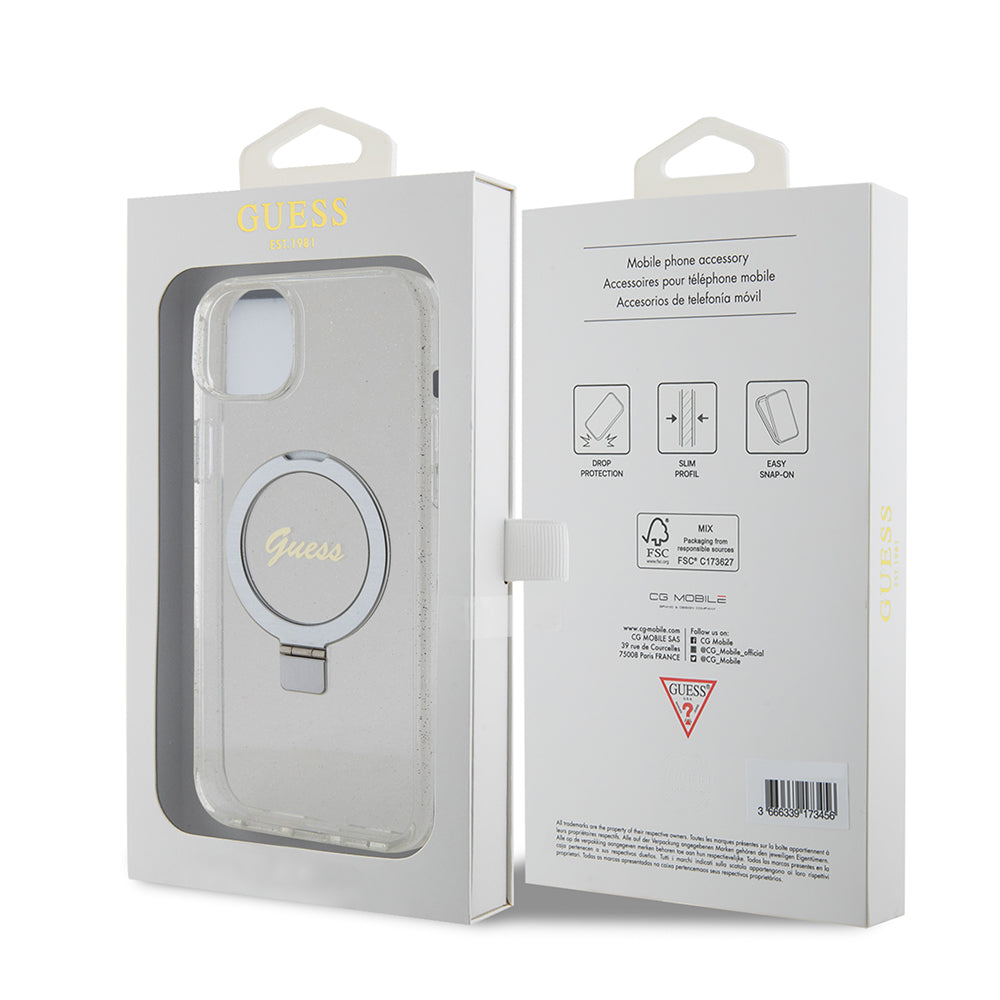 MagSafe cover til Apple iPhone 15 Plus, Guess, Ring Stand Script Glitter, Gennemsigtig