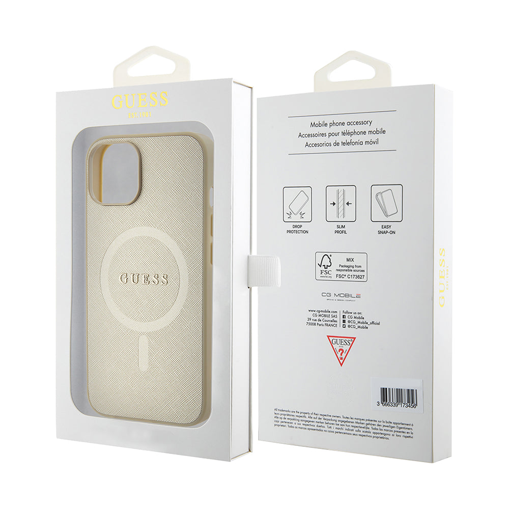 MagSafe cover til Apple iPhone 15 Plus, Guess, Saffiano, Guld
