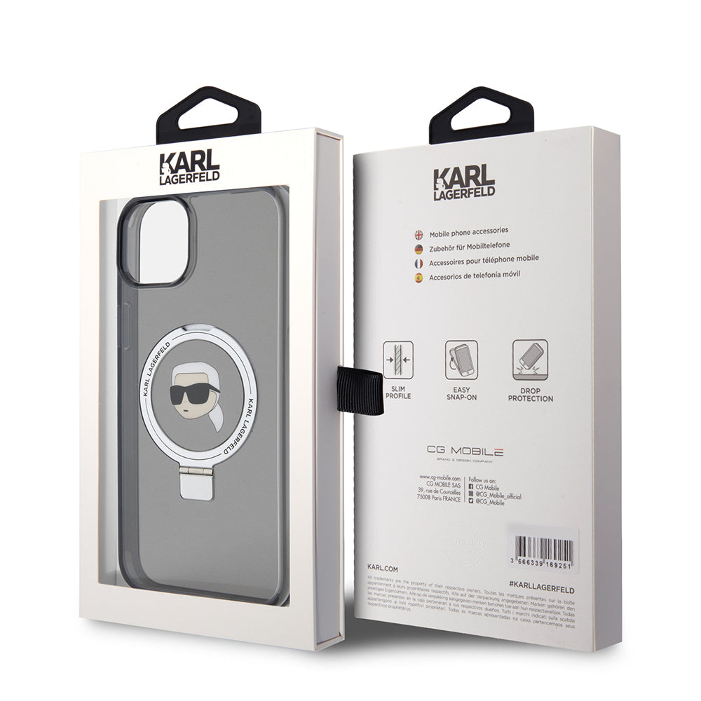 MagSafe cover til Apple iPhone 15 Plus, Karl Lagerfeld, Ring Stand Karl's Head, Sort