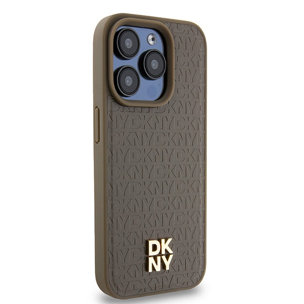 MagSafe Case for Apple iPhone 15 Pro, DKNY, Monogram Pattern Metal Logo, Brown
