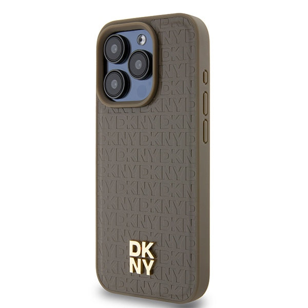 MagSafe Case for Apple iPhone 15 Pro, DKNY, Monogram Pattern Metal Logo, Brown