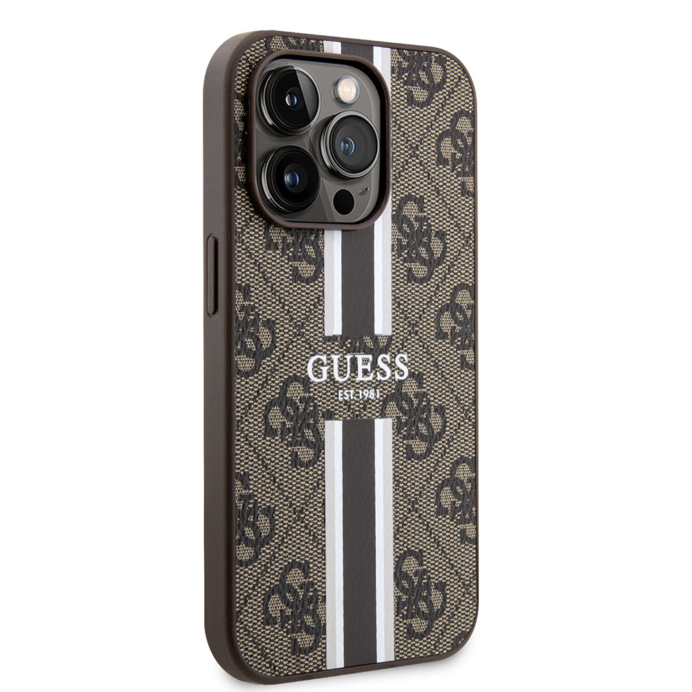 MagSafe Case for Apple iPhone 15 Pro, Guess, 4G Printed Stripes, Brown