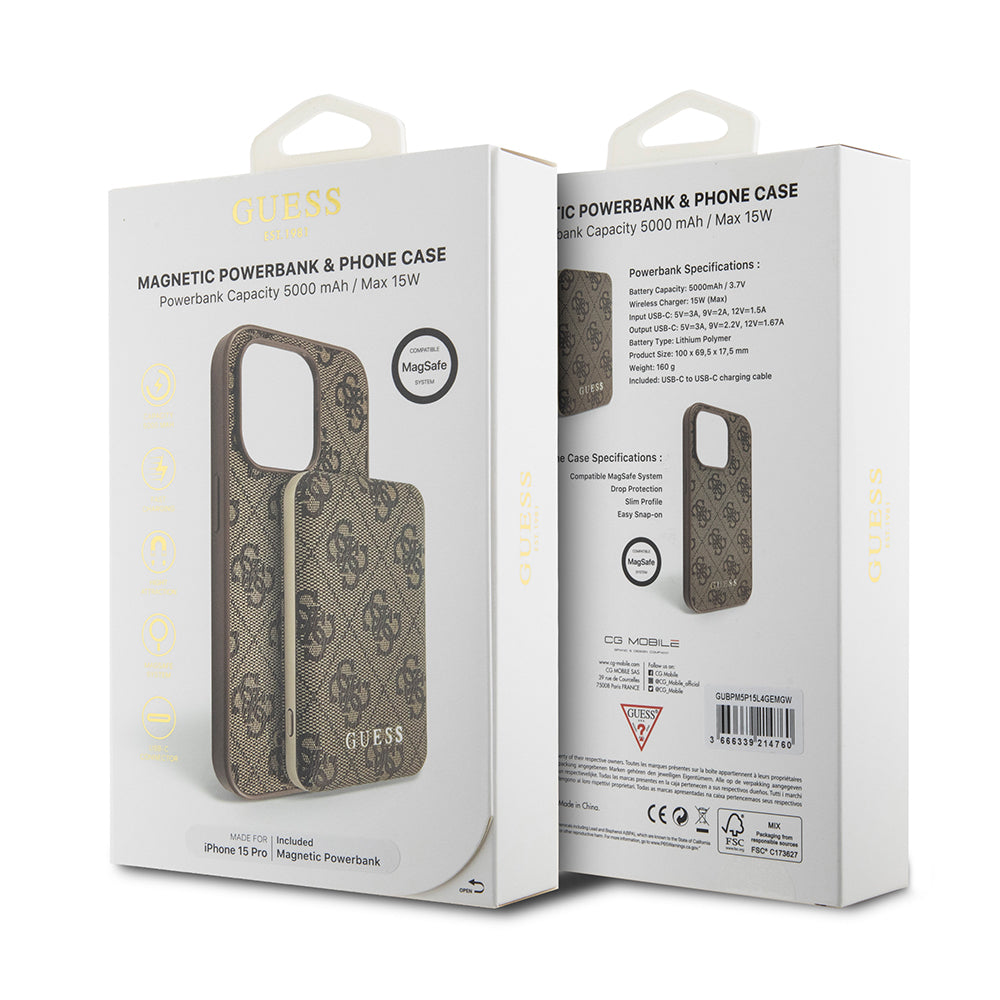 MagSafe cover til Apple iPhone 15 Pro, Guess, Powerbank 4G Metal Logo, Brun