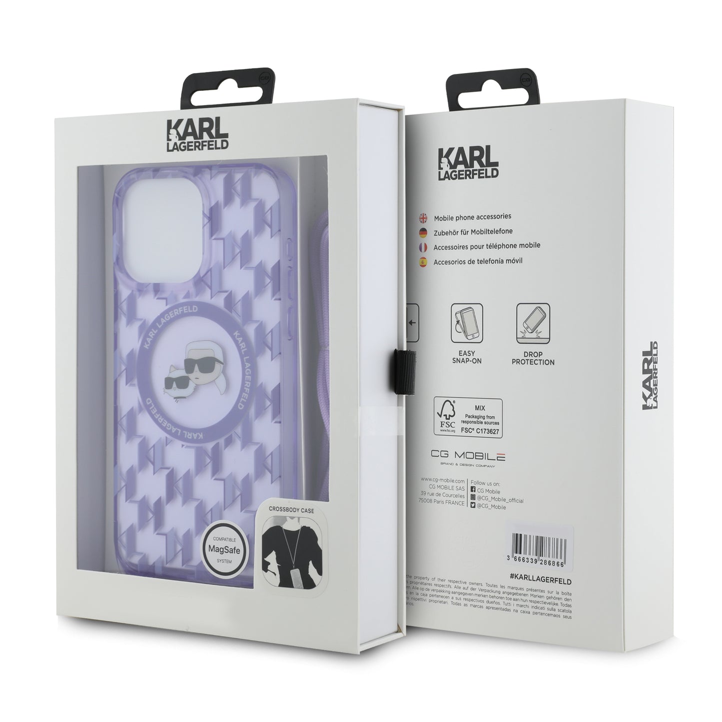 MagSafe cover til Apple iPhone 15 Pro, Karl Lagerfeld, IML Crossbody Monogram Karl & Choupette's Heads, Lilla