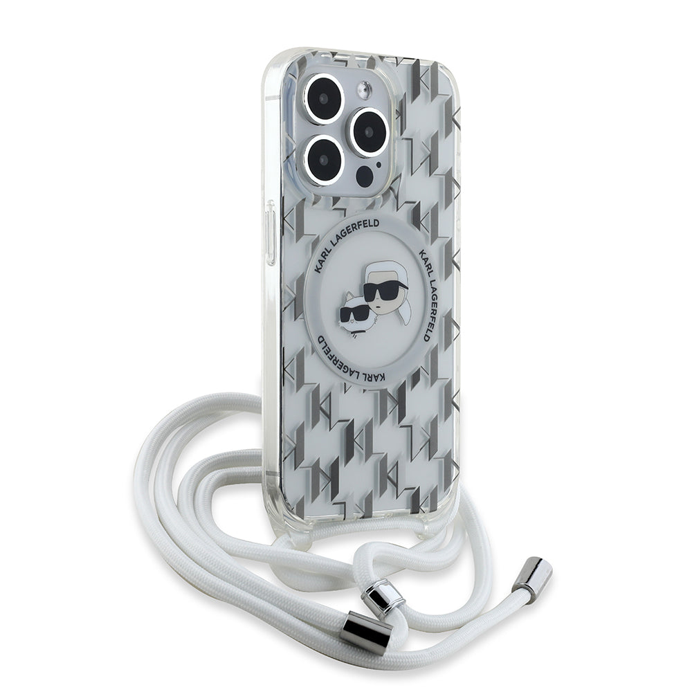 MagSafe cover til Apple iPhone 15 Pro, Karl Lagerfeld, IML Crossbody Monogram Karl & Choupette's Heads, Gennemsigtig