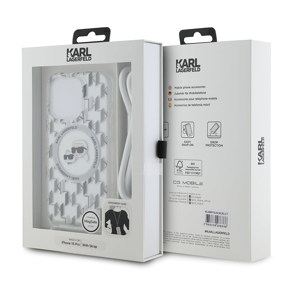 MagSafe cover til Apple iPhone 15 Pro, Karl Lagerfeld, IML Crossbody Monogram Karl & Choupette's Heads, Gennemsigtig