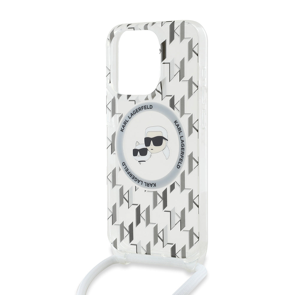 MagSafe cover til Apple iPhone 15 Pro, Karl Lagerfeld, IML Crossbody Monogram Karl & Choupette's Heads, Gennemsigtig