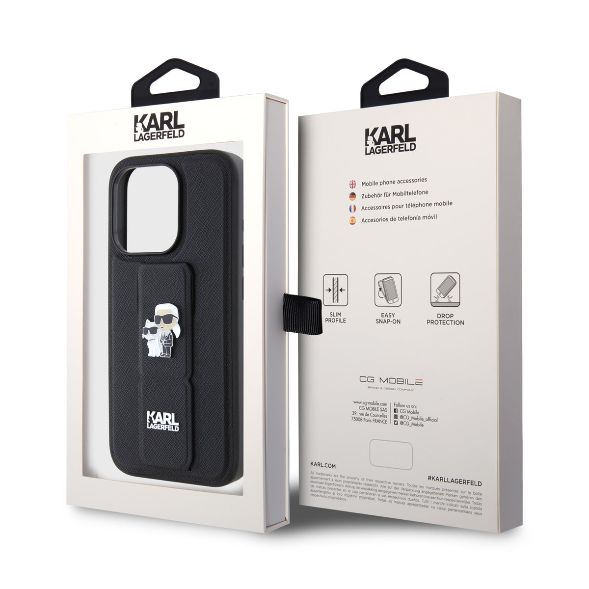 MagSafe Case for Apple iPhone 15 Pro, Karl Lagerfeld, Saffiano Gripstand Karl & Choupette, Black