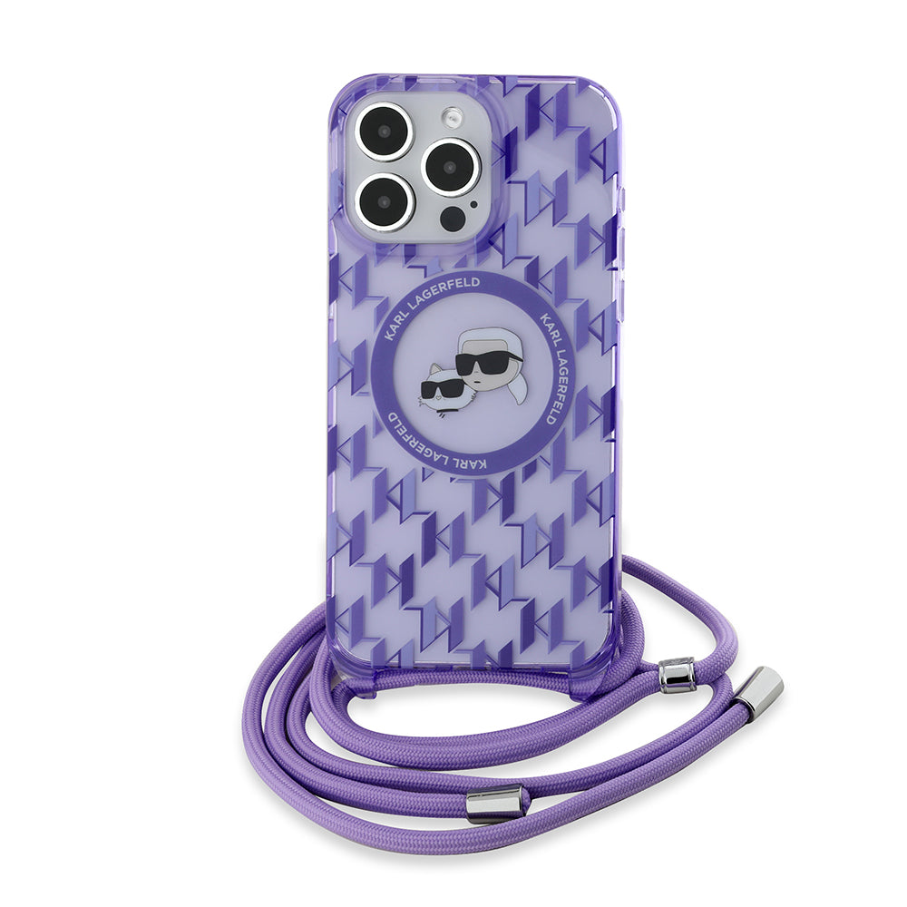 MagSafe cover til Apple iPhone 15 Pro Max, Karl Lagerfeld, IML Crossbody Monogram Karl & Choupette's Heads, Lilla