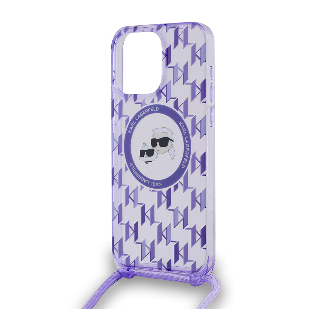MagSafe cover til Apple iPhone 15 Pro Max, Karl Lagerfeld, IML Crossbody Monogram Karl & Choupette's Heads, Lilla