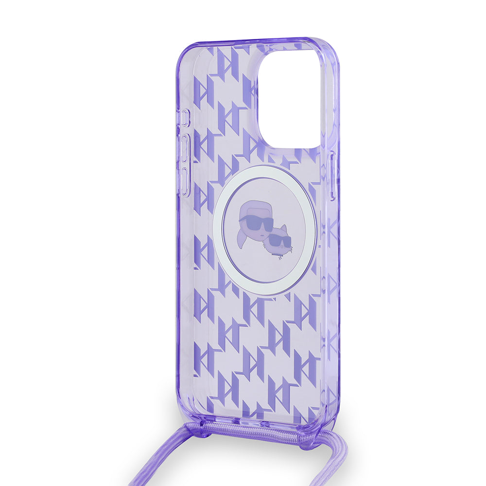 MagSafe cover til Apple iPhone 15 Pro Max, Karl Lagerfeld, IML Crossbody Monogram Karl & Choupette's Heads, Lilla
