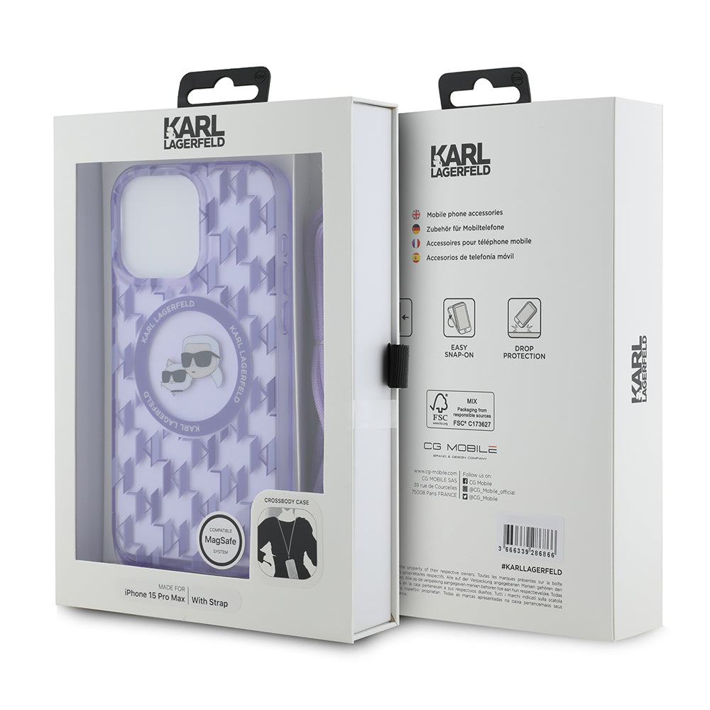 MagSafe cover til Apple iPhone 15 Pro Max, Karl Lagerfeld, IML Crossbody Monogram Karl & Choupette's Heads, Lilla